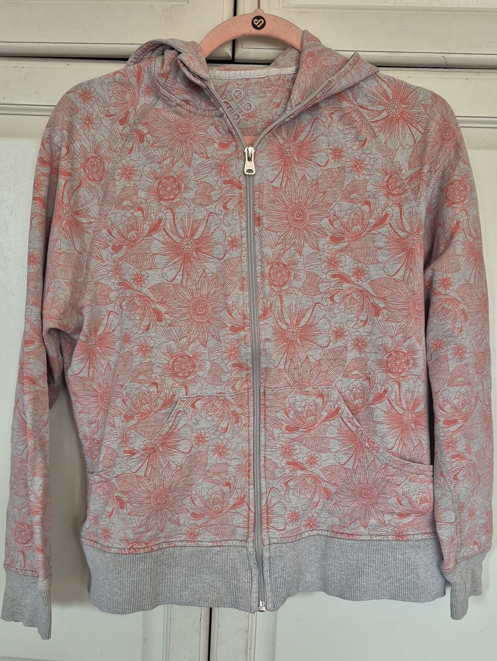 Floral Zip-Up Hoodie- Light Gray & Coral Pink